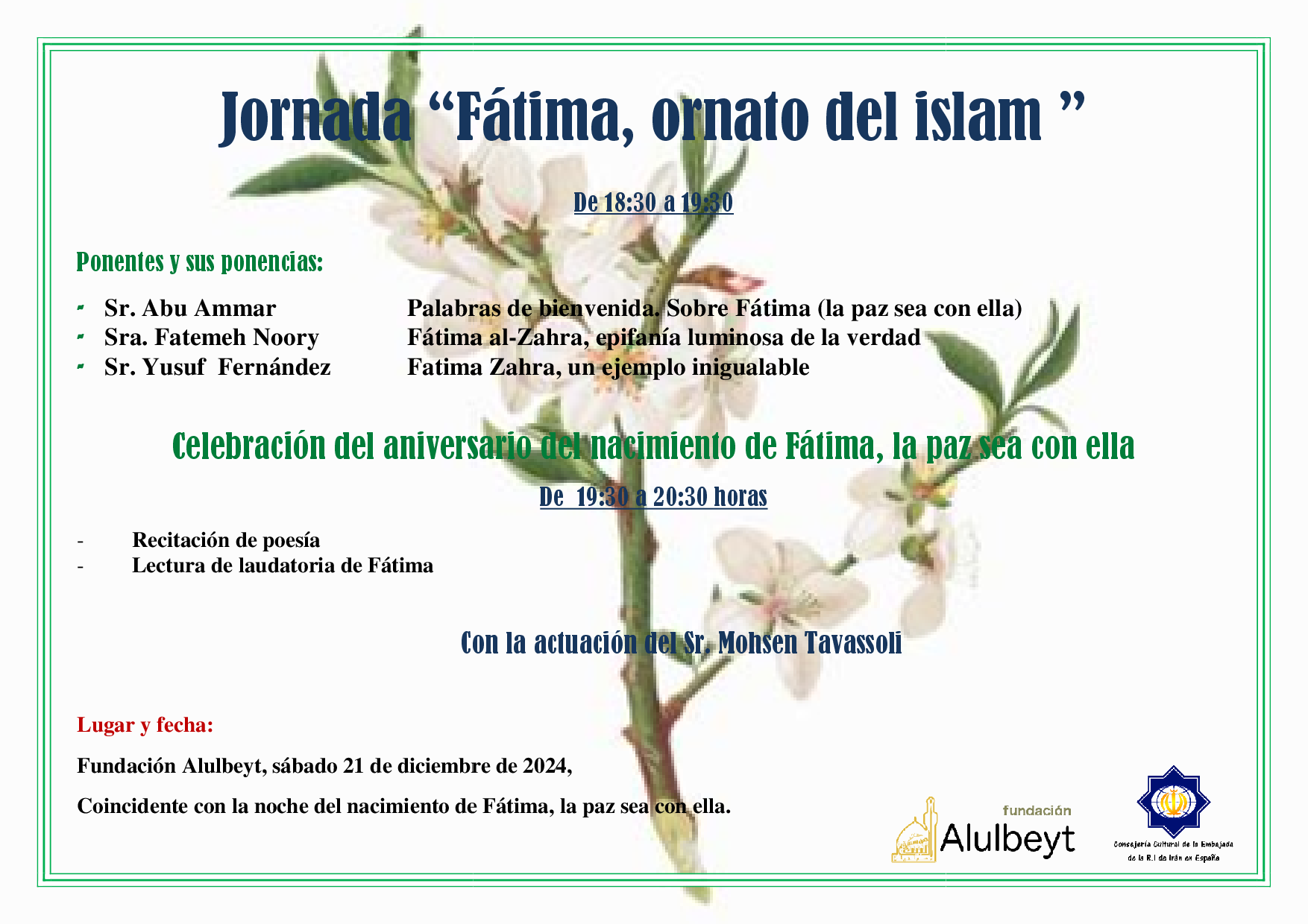 El sabado 21 de diciembre se celebrará la jornada de ¨Fátima, ornato del islam¨